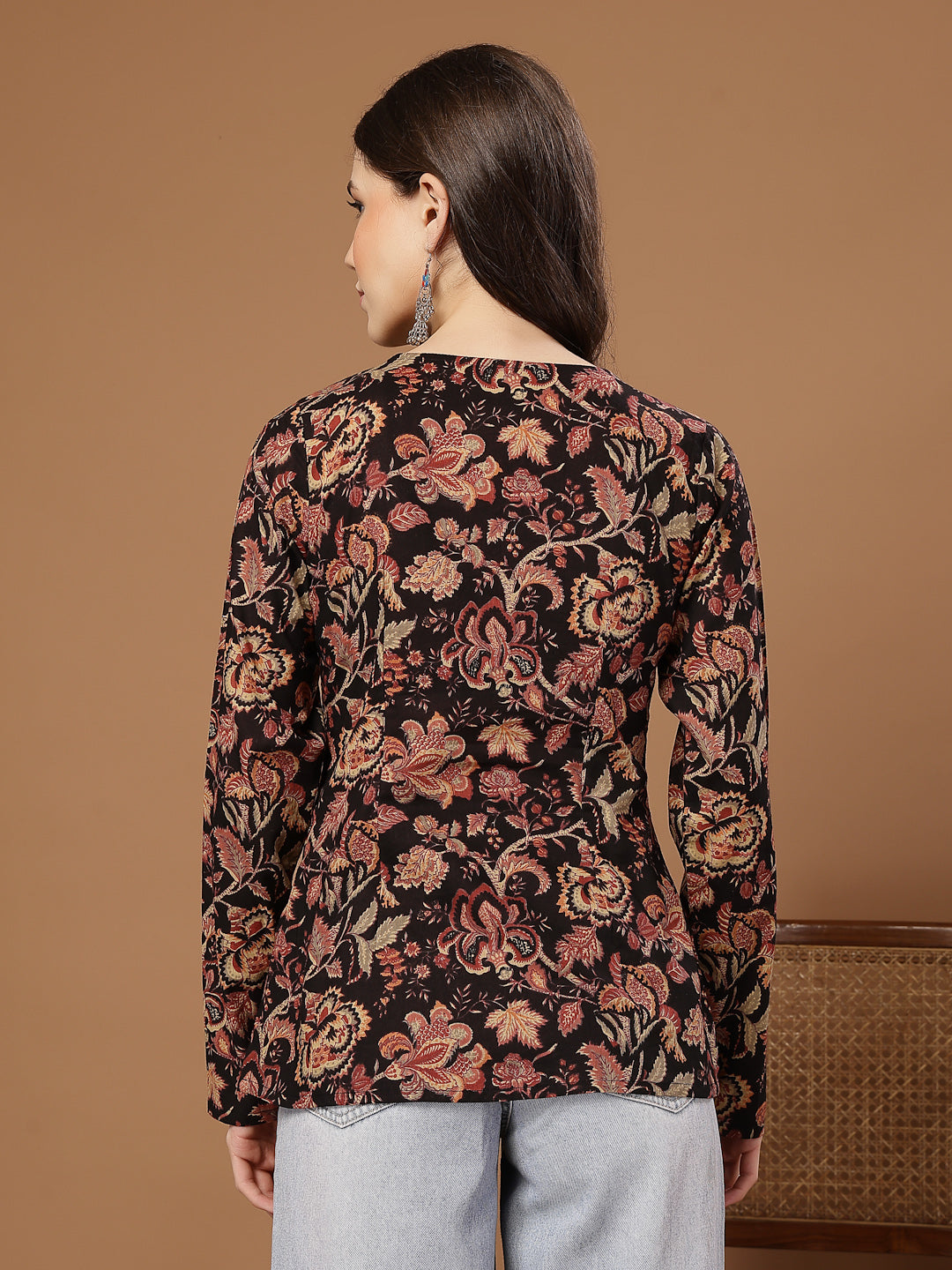 Women's Black Floral Printed Cotton Straight Top