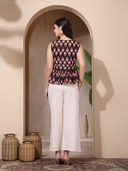 Women's Black Floral Printed Cotton Empire Top