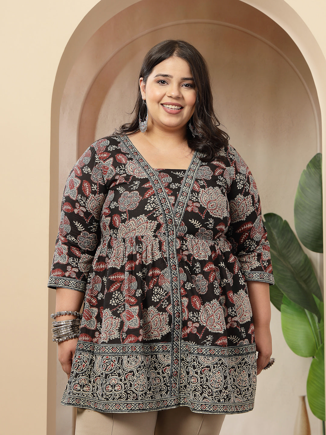 Plus Size Black Floral Printed Cotton Peplum Top