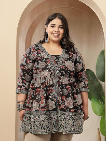 Plus Size Black Floral Printed Cotton Peplum Top