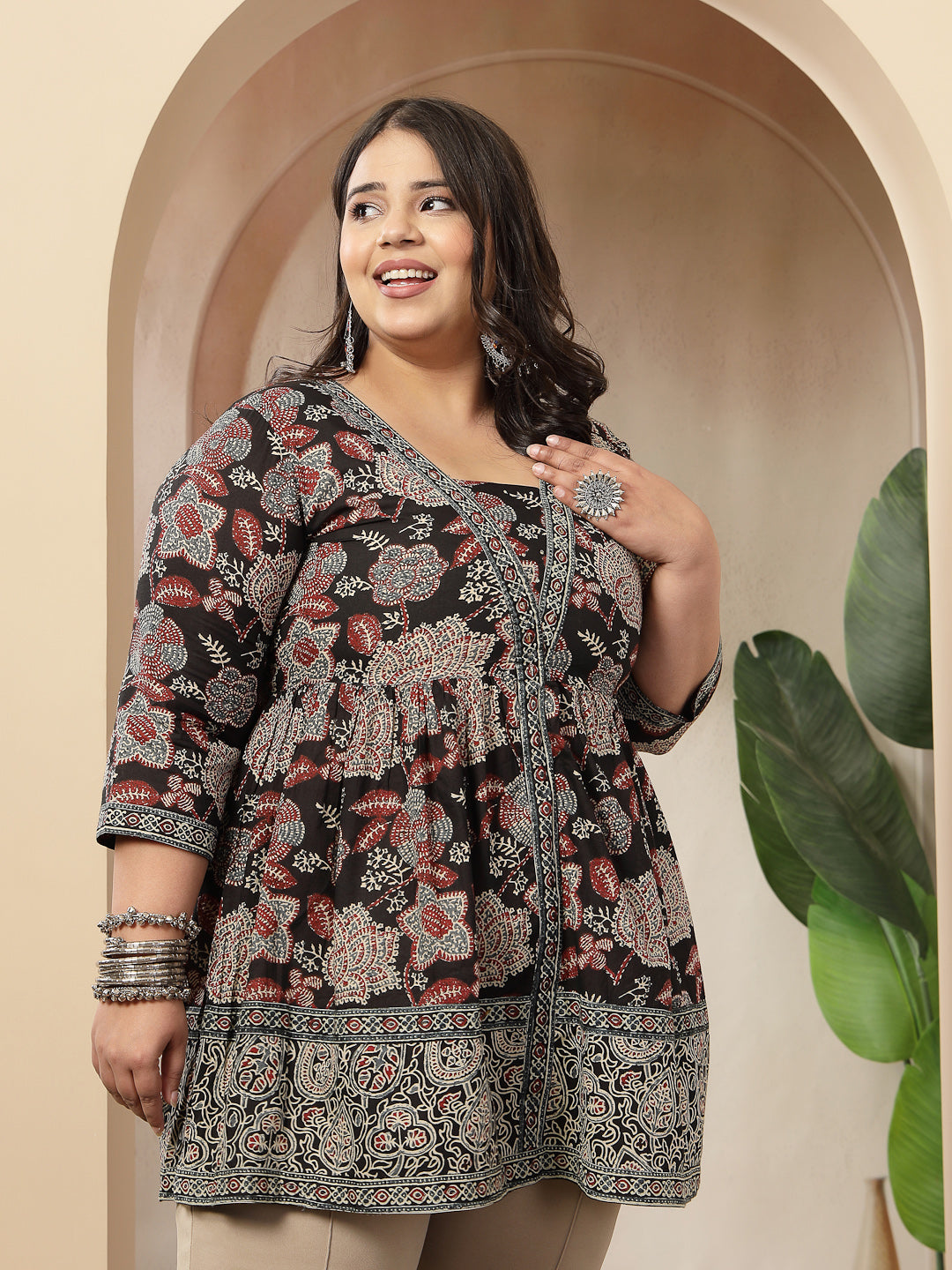 Plus Size Black Floral Printed Cotton Peplum Top