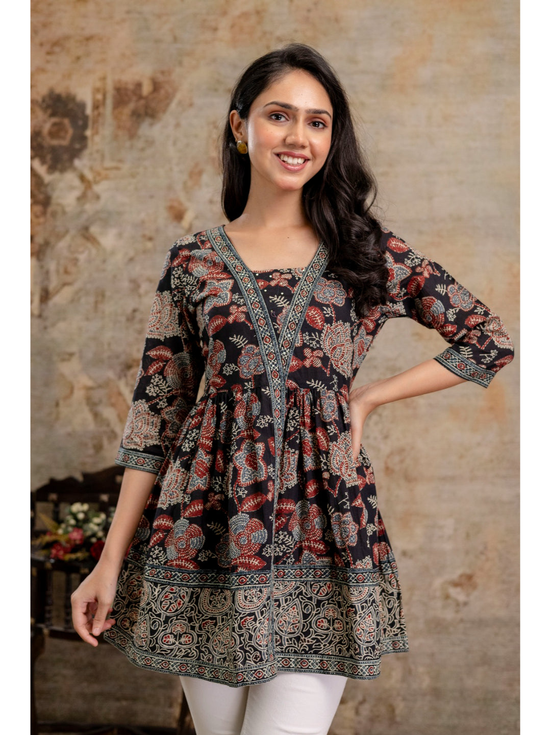 Black Floral Printed Cotton Peplum Top (Pre-Order)