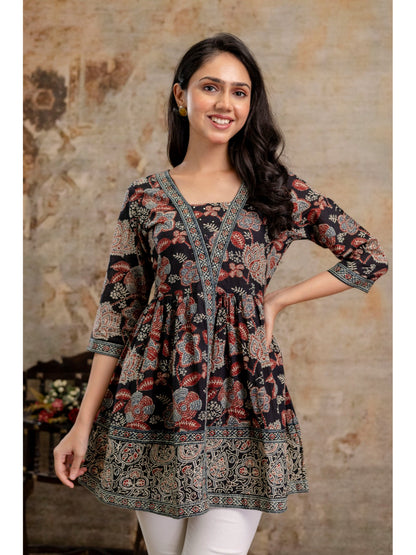 Black Floral Printed Cotton Peplum Top (Pre-Order)