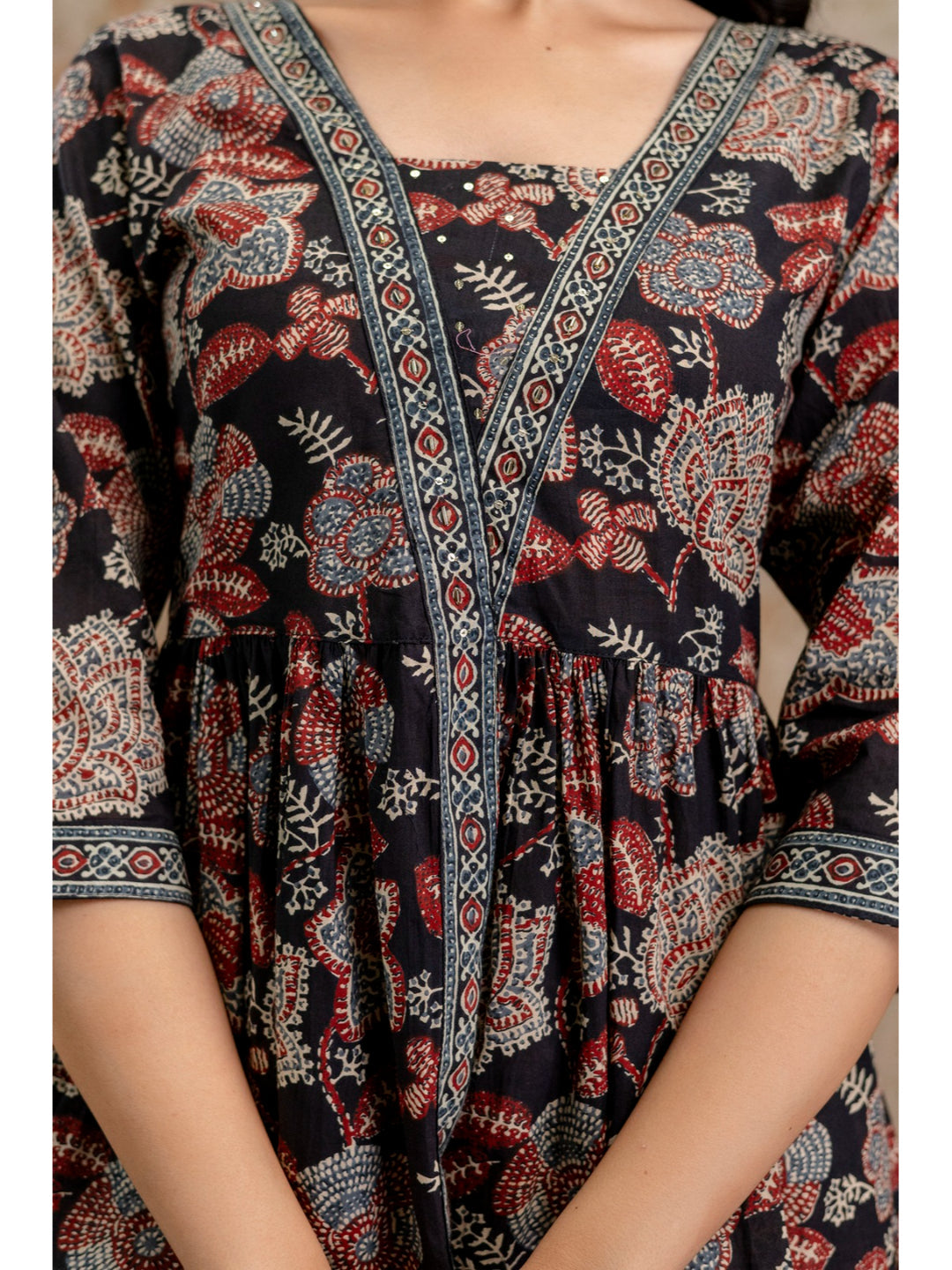 Black Floral Printed Cotton Peplum Top (Pre-Order)