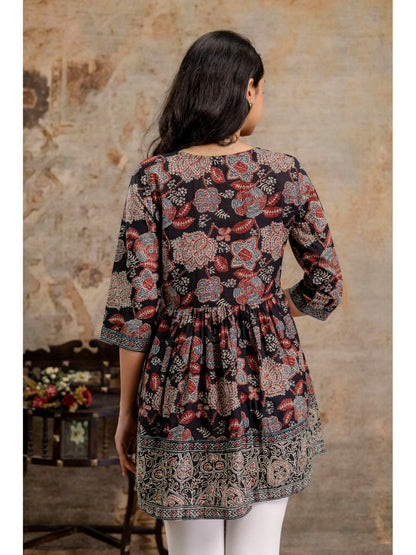 Black Floral Printed Cotton Peplum Top (Pre-Order)