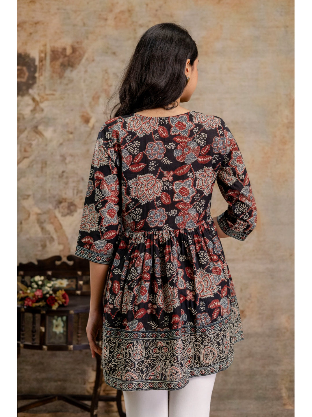 Black Floral Printed Cotton Peplum Top