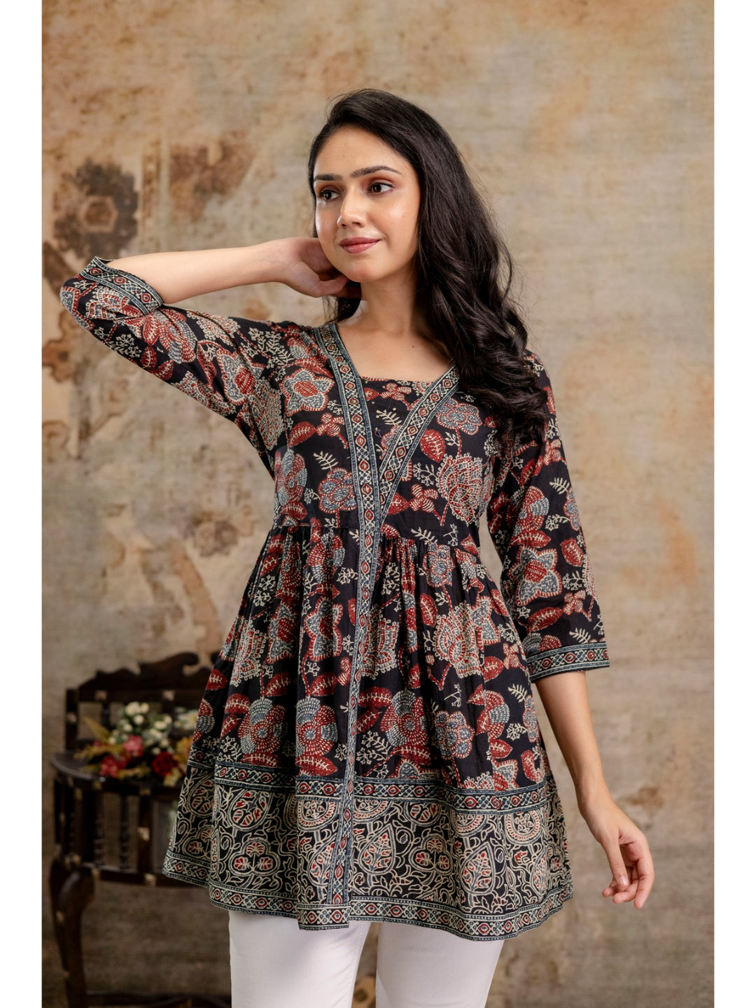 Black Floral Printed Cotton Peplum Top