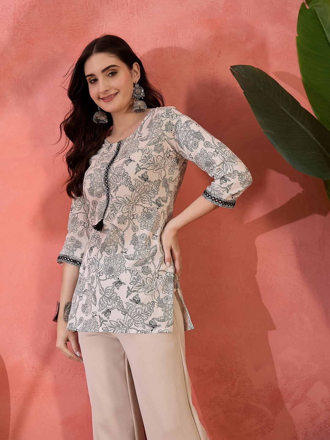 Black Floral Printed Cotton Straight Top