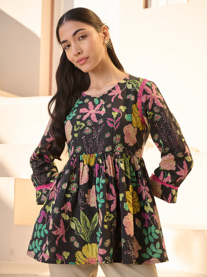 Black Floral Printed Katha Cotton Empire Top