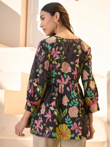 Black Floral Printed Katha Cotton Empire Top (Pre-Order)