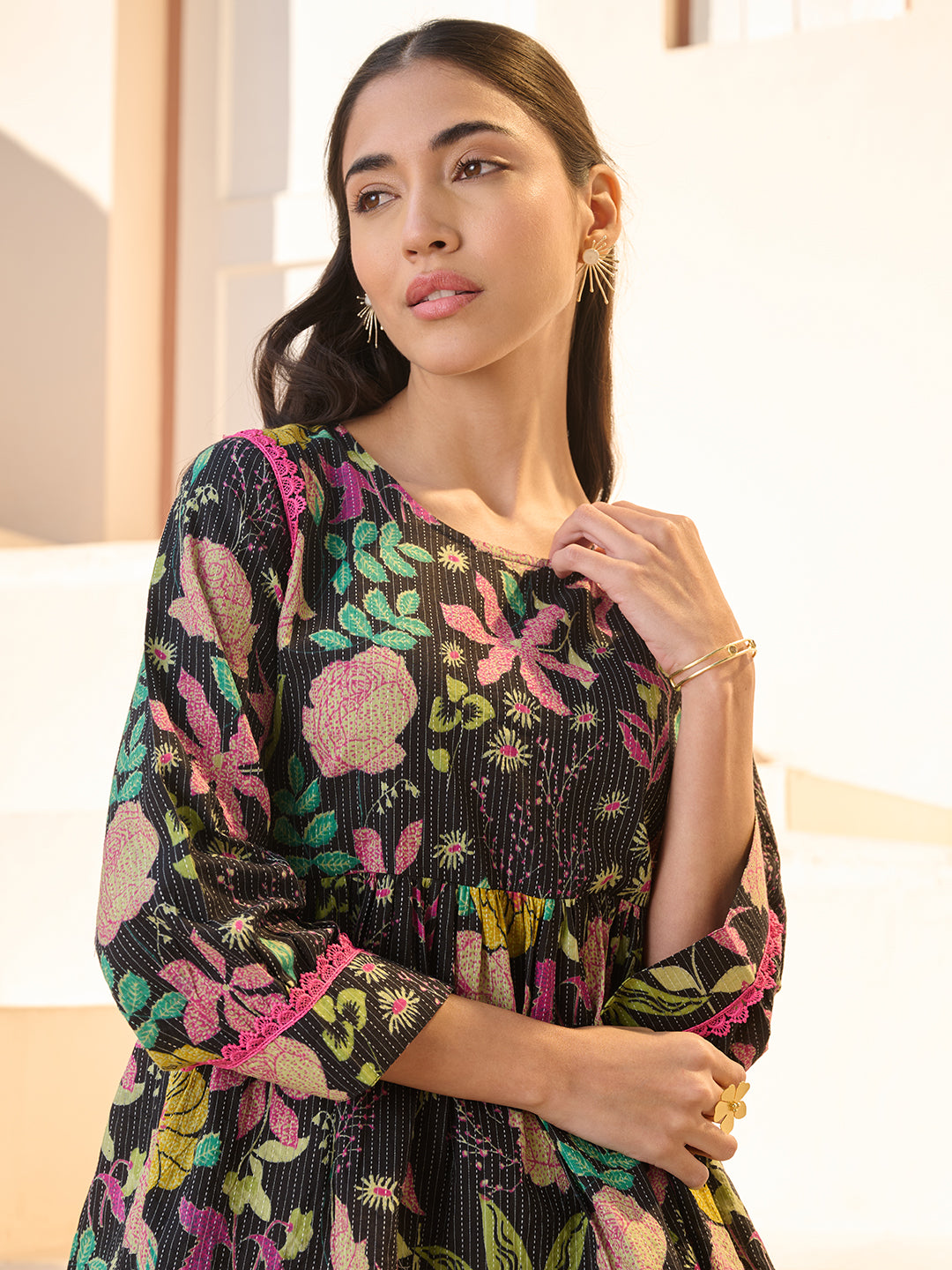 Black Floral Printed Katha Cotton Empire Top (Pre-Order)