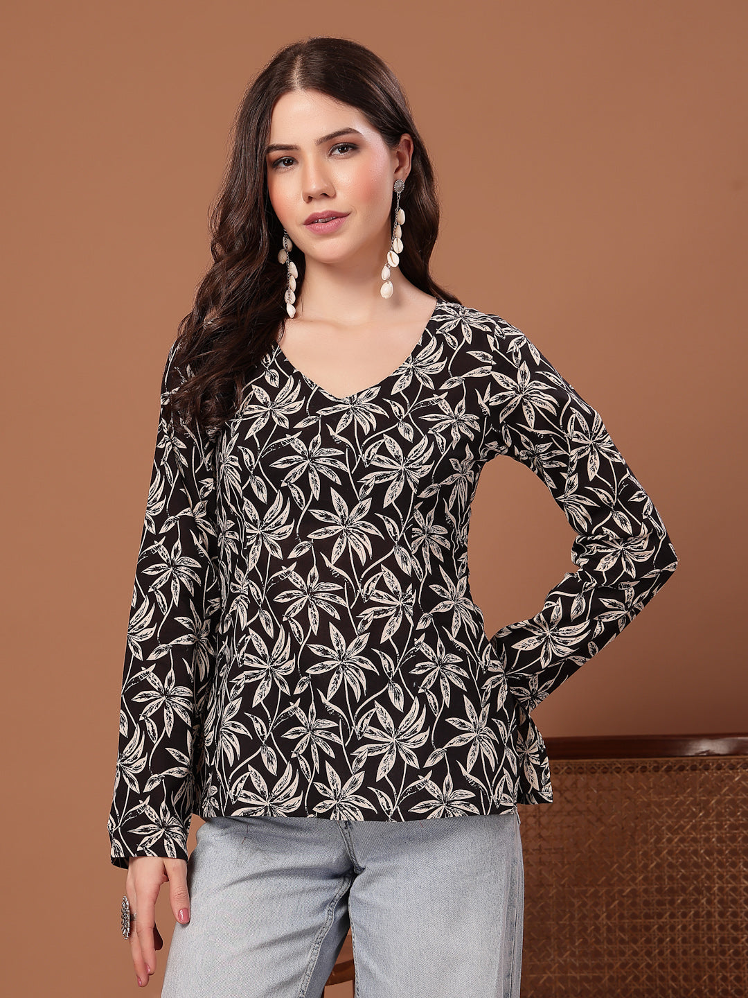 Women's Black Floral Printed Cotton Straight Top