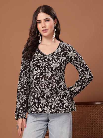 Women's Black Floral Printed Cotton Straight Top