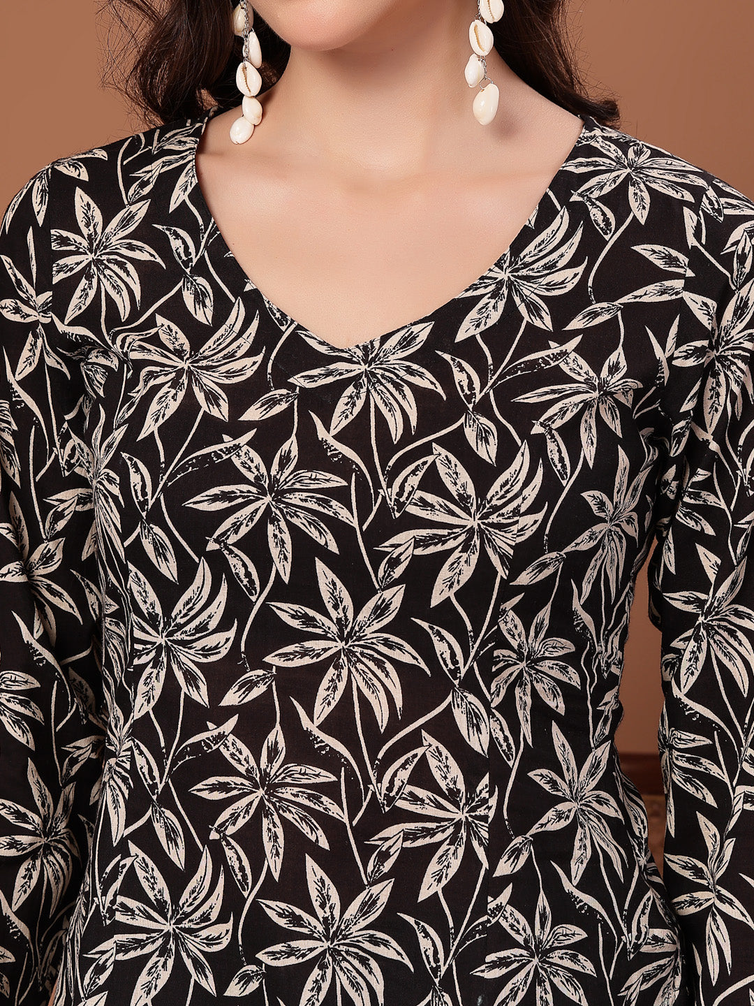 Women's Black Floral Printed Cotton Straight Top