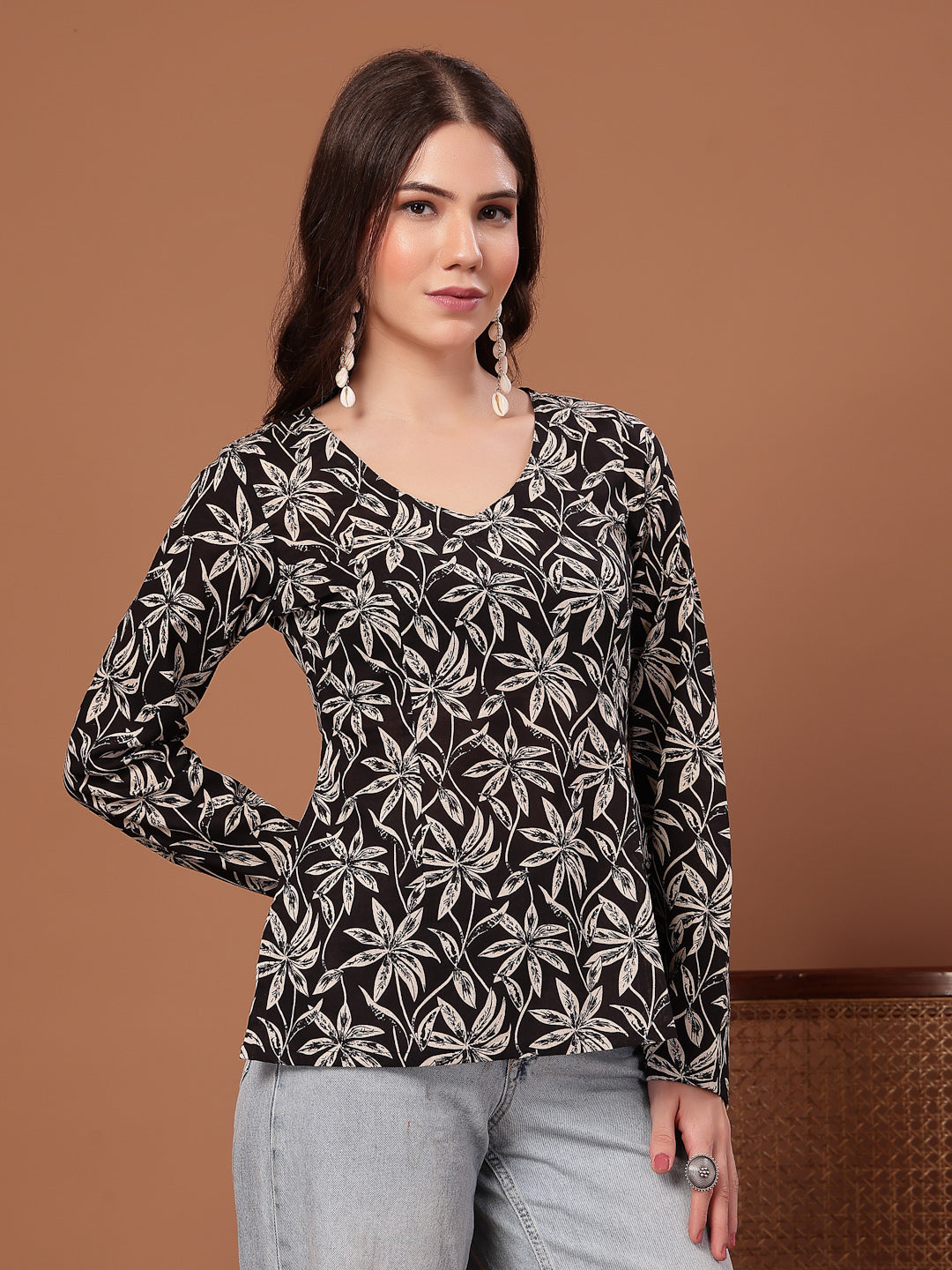Women's Black Floral Printed Cotton Straight Top