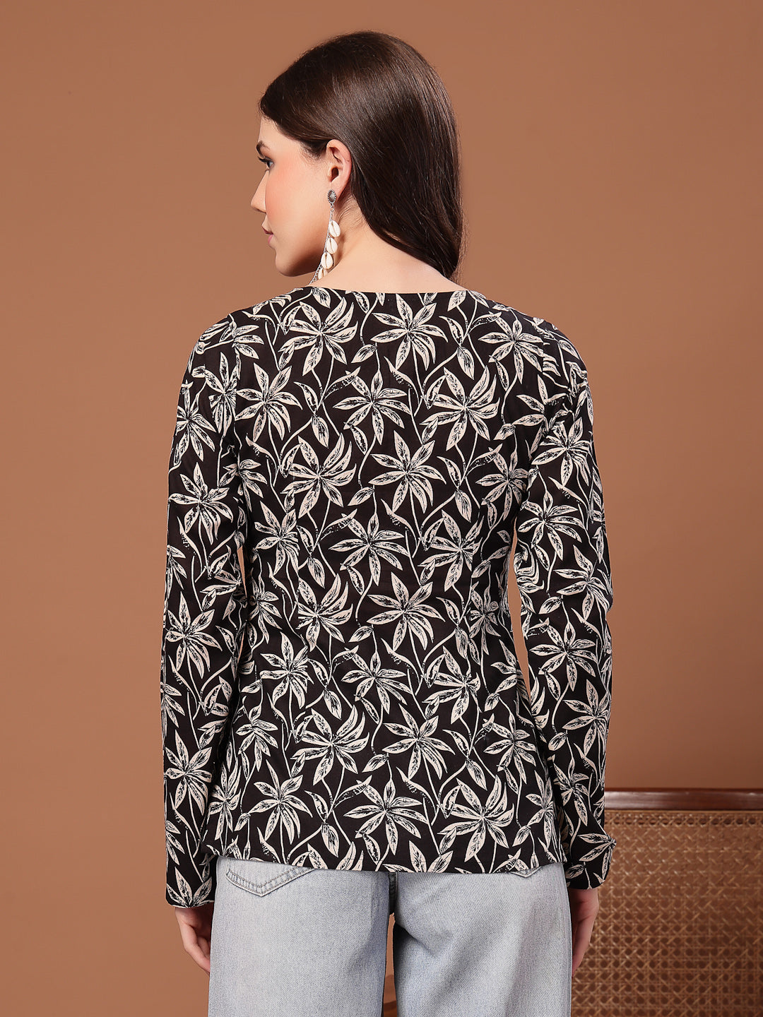 Women's Black Floral Printed Cotton Straight Top