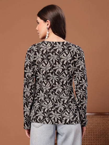 Women's Black Floral Printed Cotton Straight Top