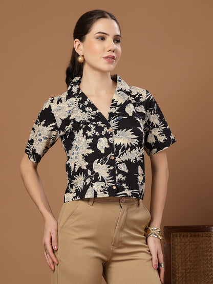 Women's Black Floral Printed Cotton Crop Top
