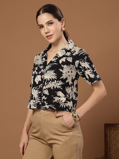 Women's Black Floral Printed Cotton Crop Top