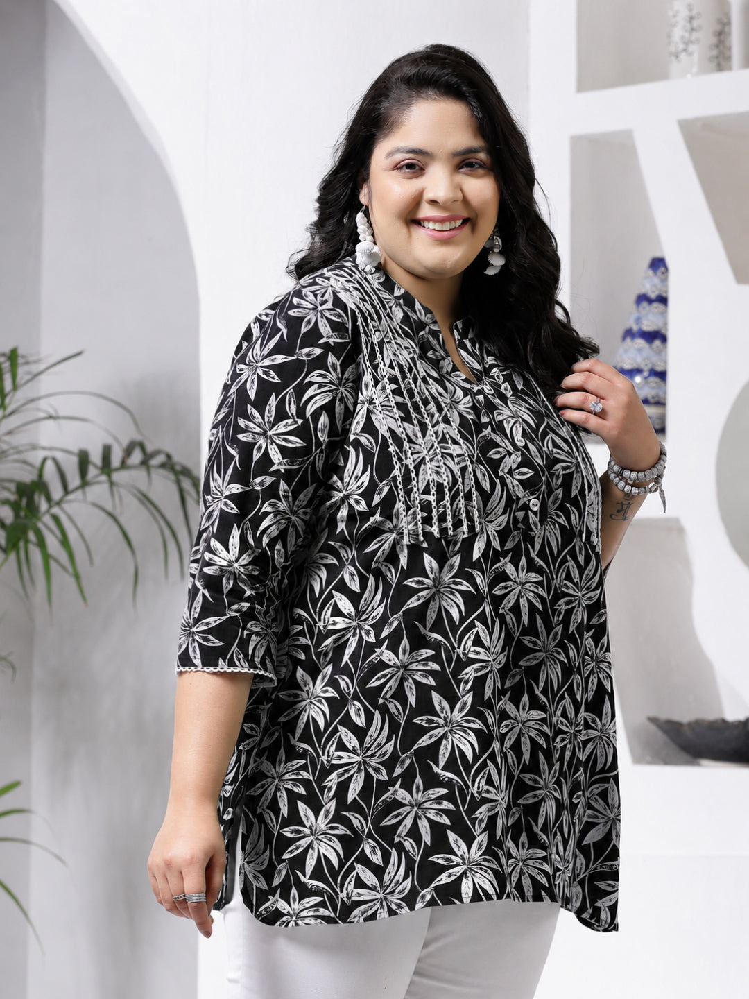 Size Black Tropical Printed Cotton Empire Top