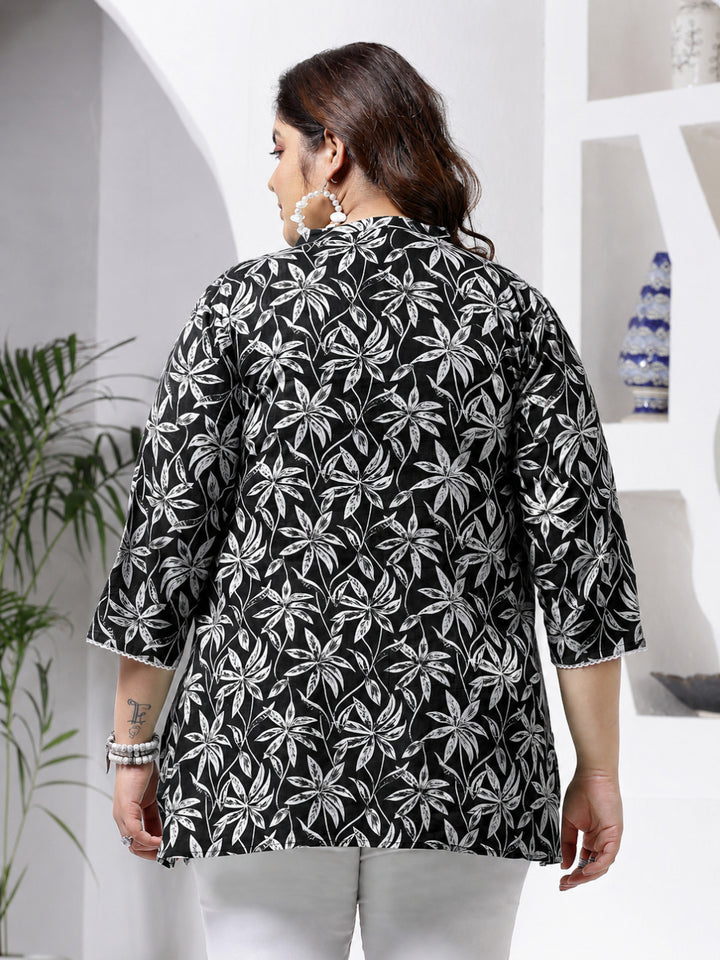 Size Black Tropical Printed Cotton Empire Top
