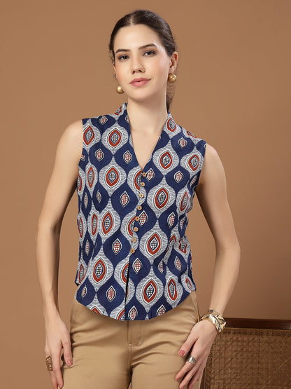 Women's Blue Ethnic Printed Cotton Vest Top