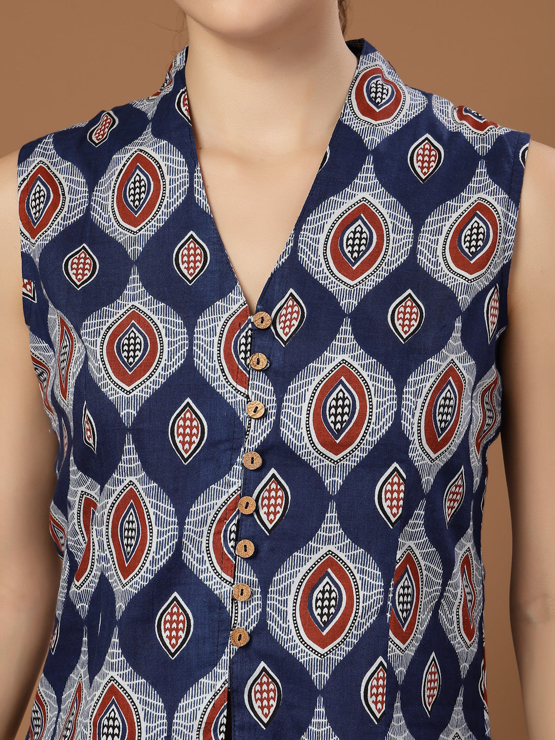 Women's Blue Ethnic Printed Cotton Vest Top