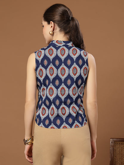 Women's Blue Ethnic Printed Cotton Vest Top