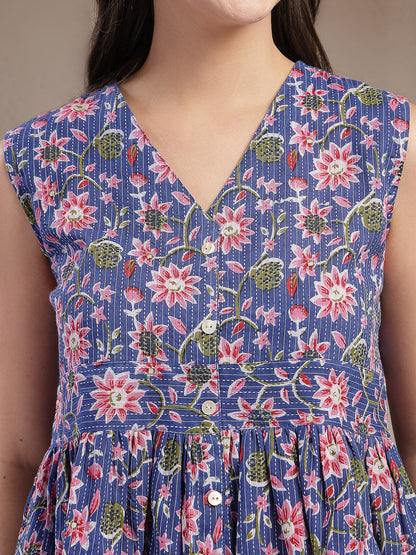 Women's Blue Floral Printed Katha Cotton Peplum Tops