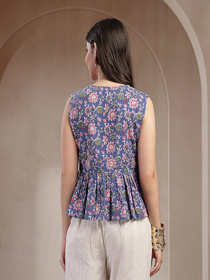 Women's Blue Floral Printed Katha Cotton Peplum Tops