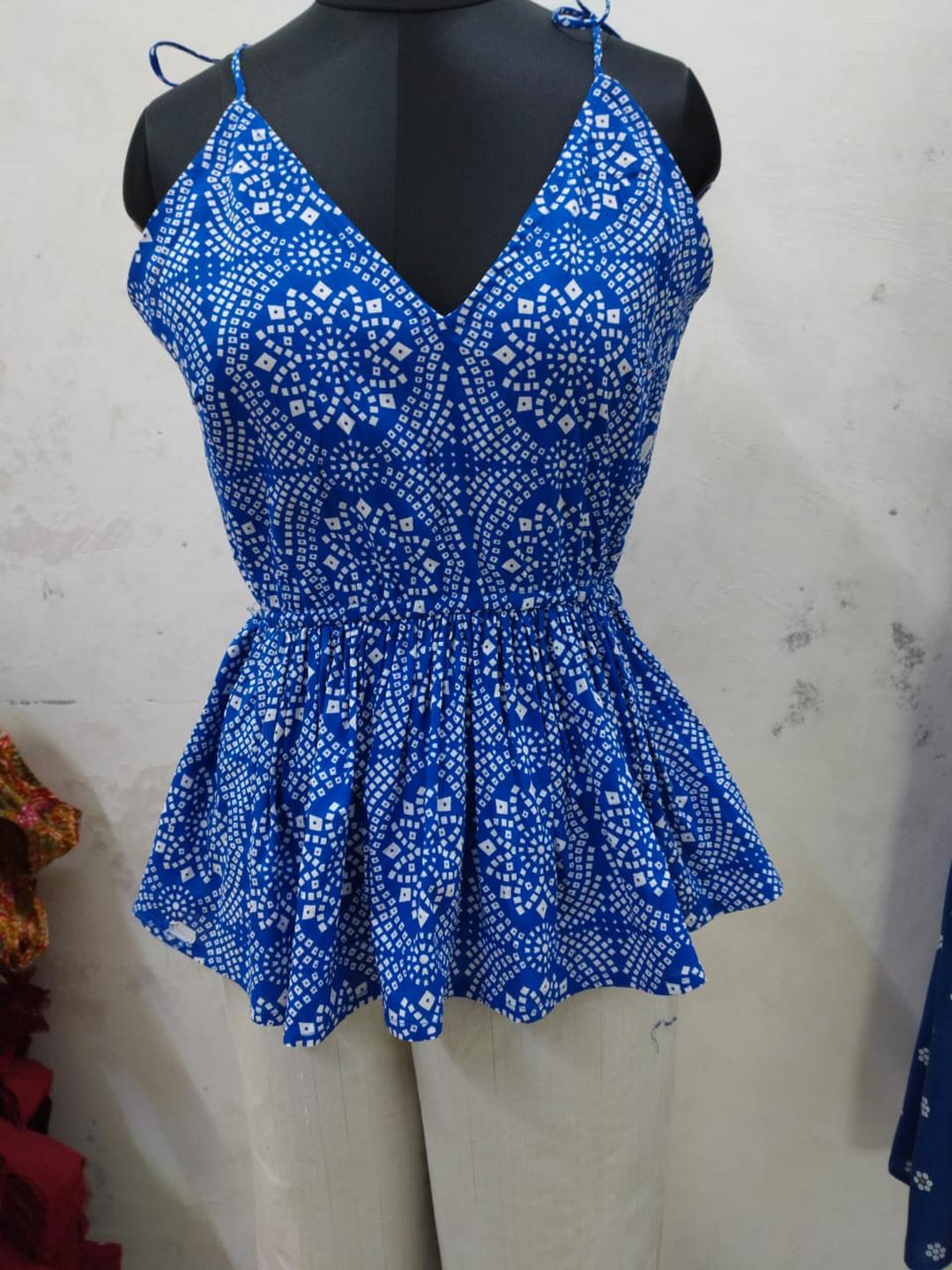 Blue Bandhani Printed Rayon Short Peplum Top