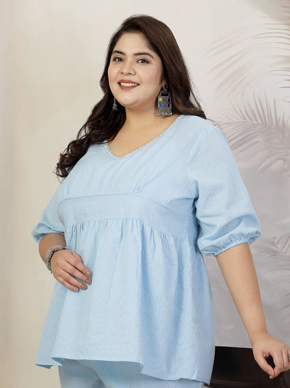 Plus Size Women Self Woven Kantha Cotton Top