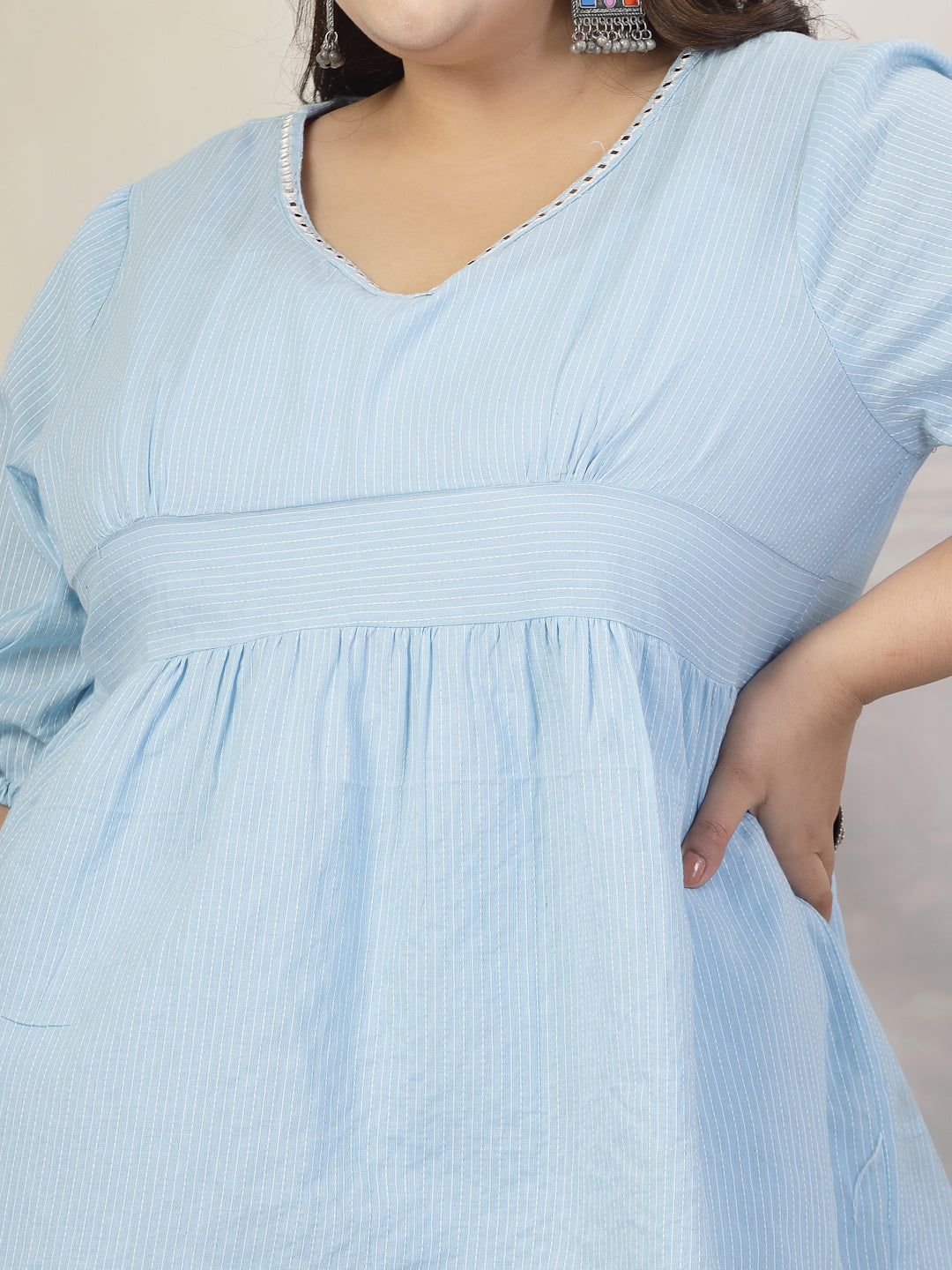 Plus Size Women Self Woven Kantha Cotton Top