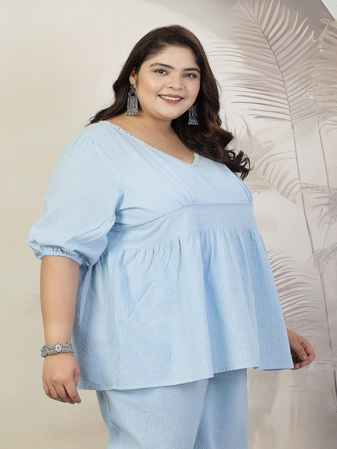 Plus Size Women Self Woven Kantha Cotton Top