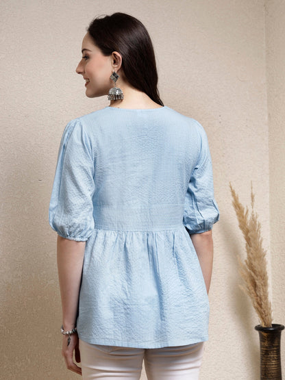 Self Woven Kantha Cotton Peplum Top (Pre-Order)