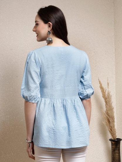 Self Woven Kantha Cotton Peplum Top