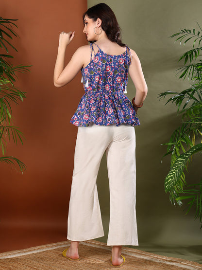 Blue Floral Printed Cotton Short Peplum Top