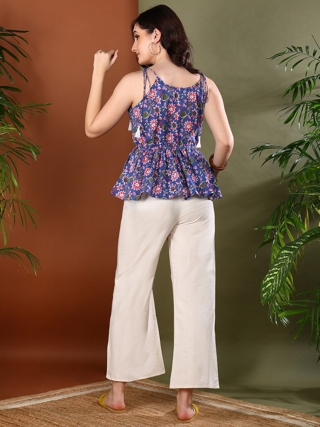 Blue Floral Printed Cotton Short Peplum Top (Pre-Order)