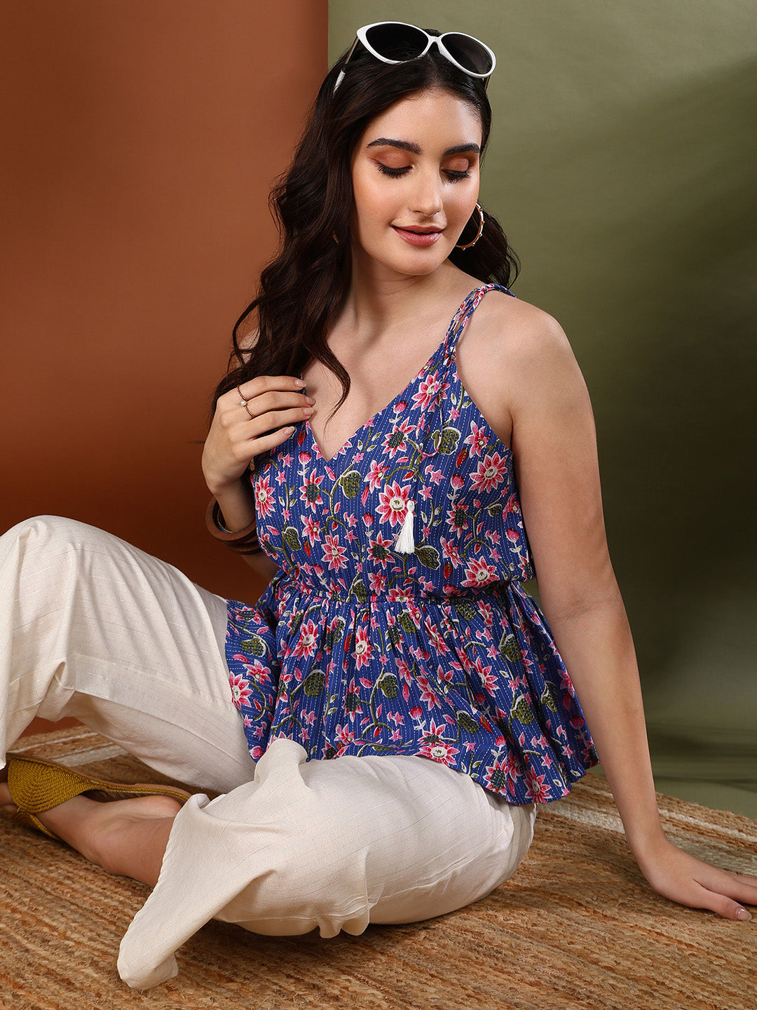 Blue Floral Printed Cotton Short Peplum Top