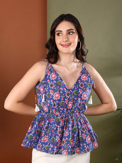 Blue Floral Printed Cotton Short Peplum Top