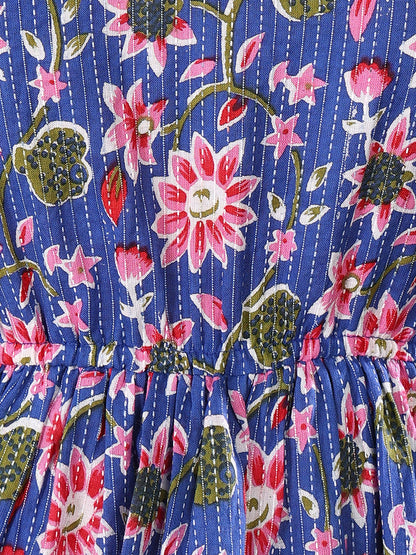 Blue Floral Printed Cotton Short Peplum Top