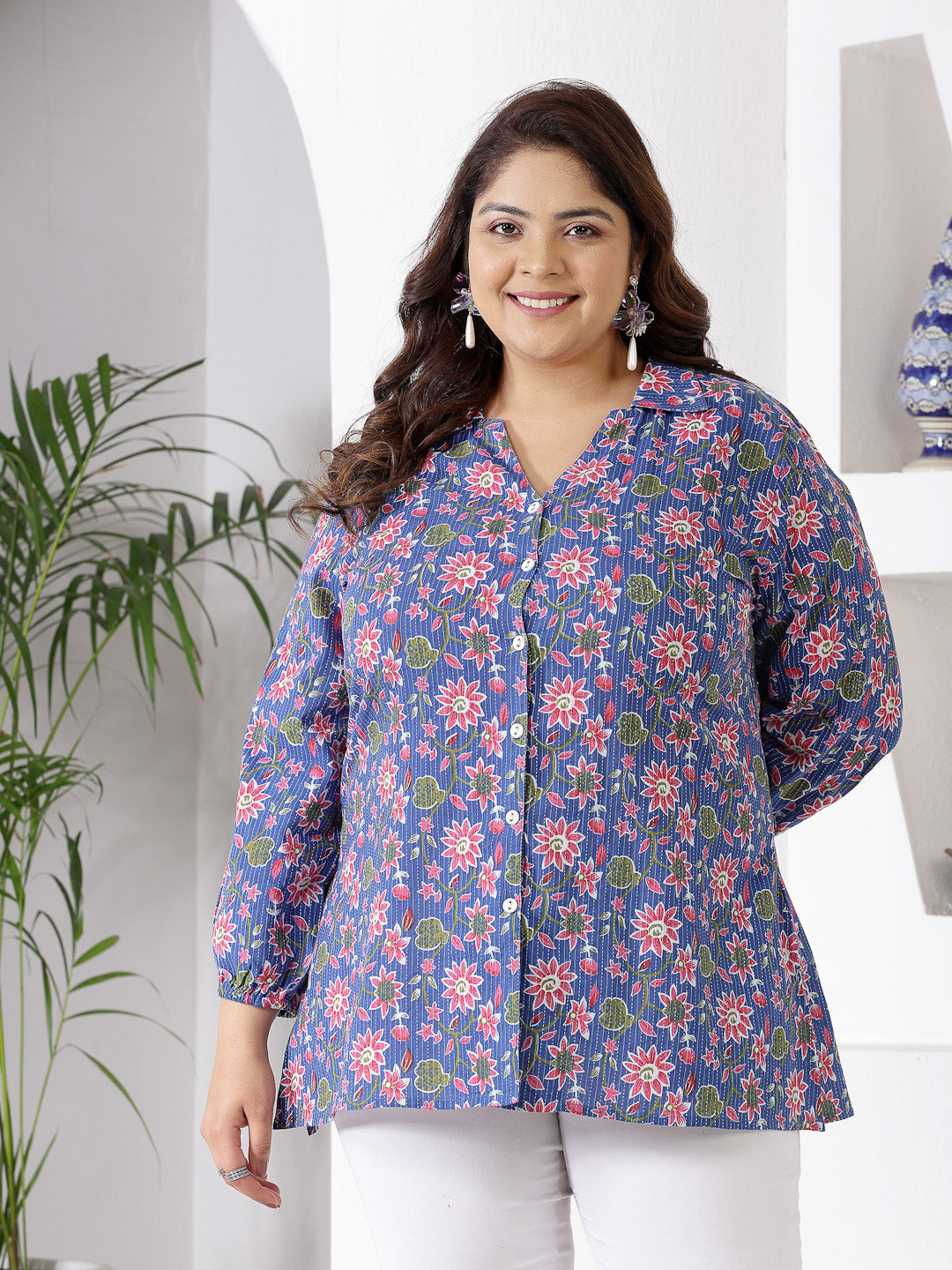 Plus Size Floral Printed Cotton Shirt Style Top