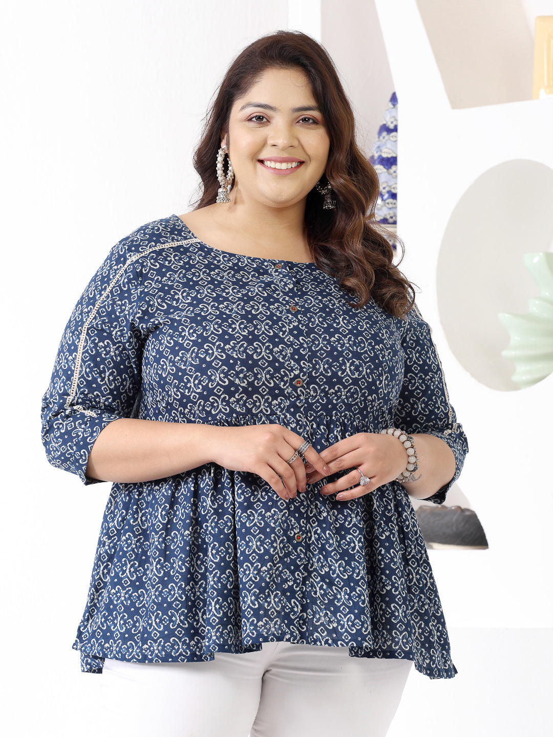 Plus Size Ethnic Motif Printed Cotton Peplum Top (Pre-Order)