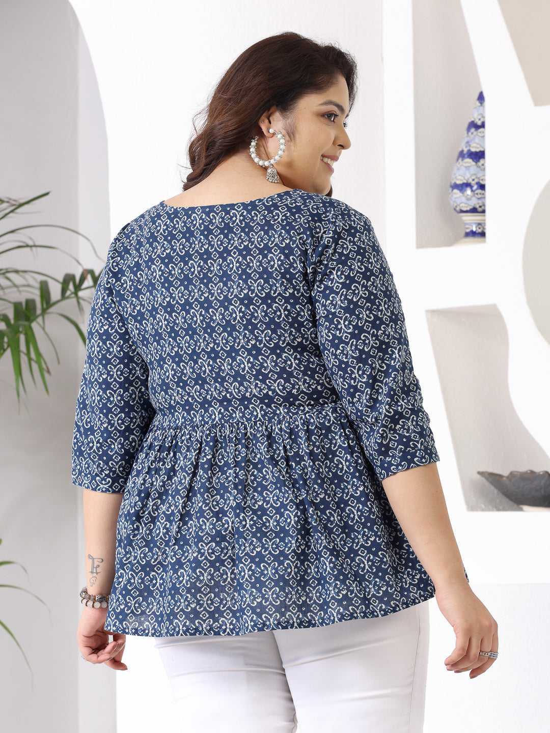Plus Size Ethnic Motif Printed Cotton Peplum Top