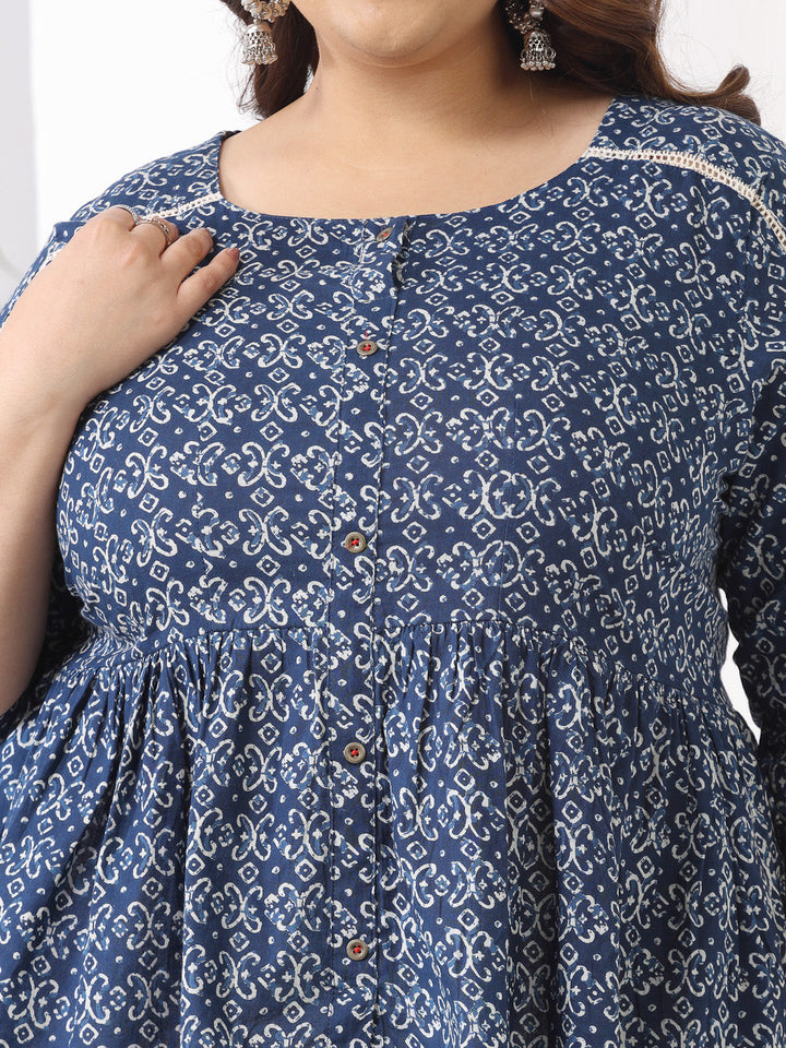 Plus Size Ethnic Motif Printed Cotton Peplum Top