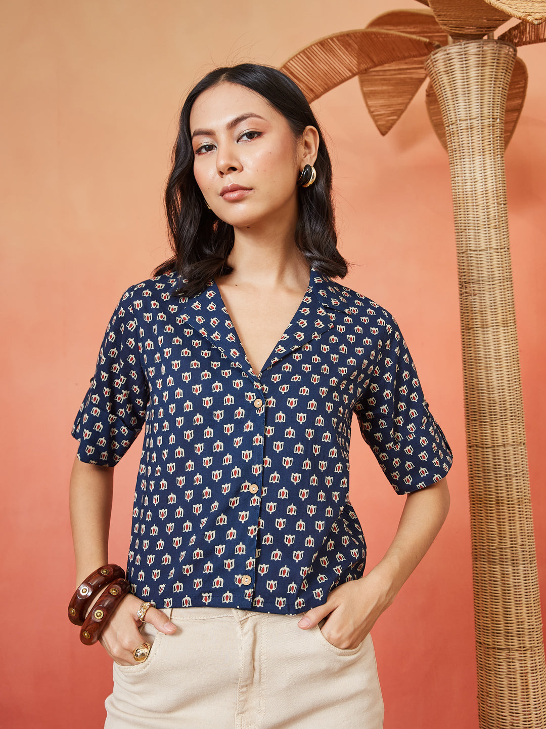 Women's Floral Printed Cotton Shirt Style Top