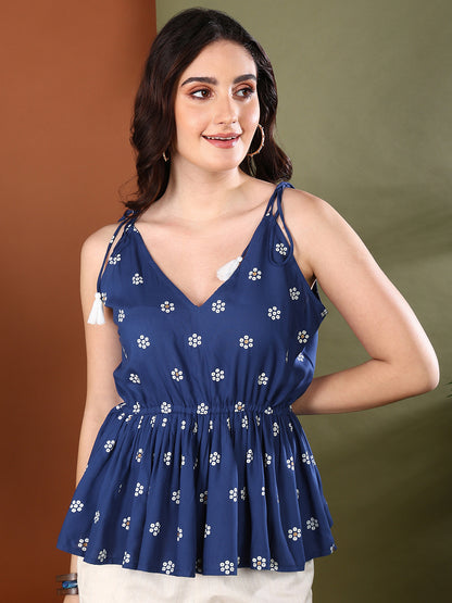 Blue Floral Printed Rayon Short Peplum Top