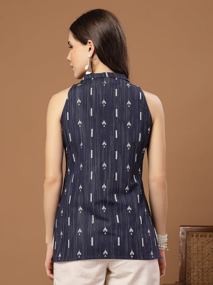 Women's Navy Blue Geometric Printed Cotton Straight Top
