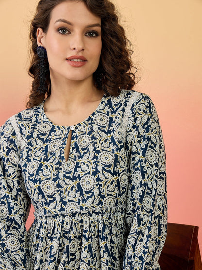 Blue Floral Printed Cotton Top
