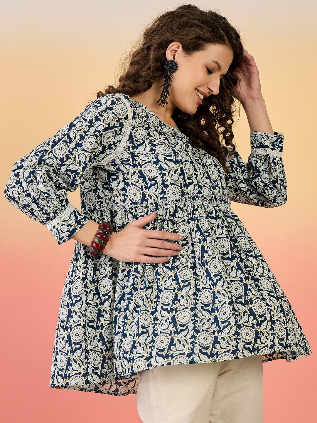 Blue Floral Printed Cotton Top